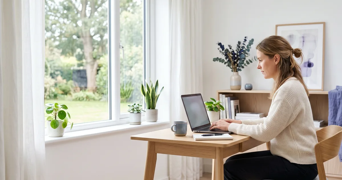 Kvinna som studerar en AI-kurs på sin laptop vid ett skrivbord hemma